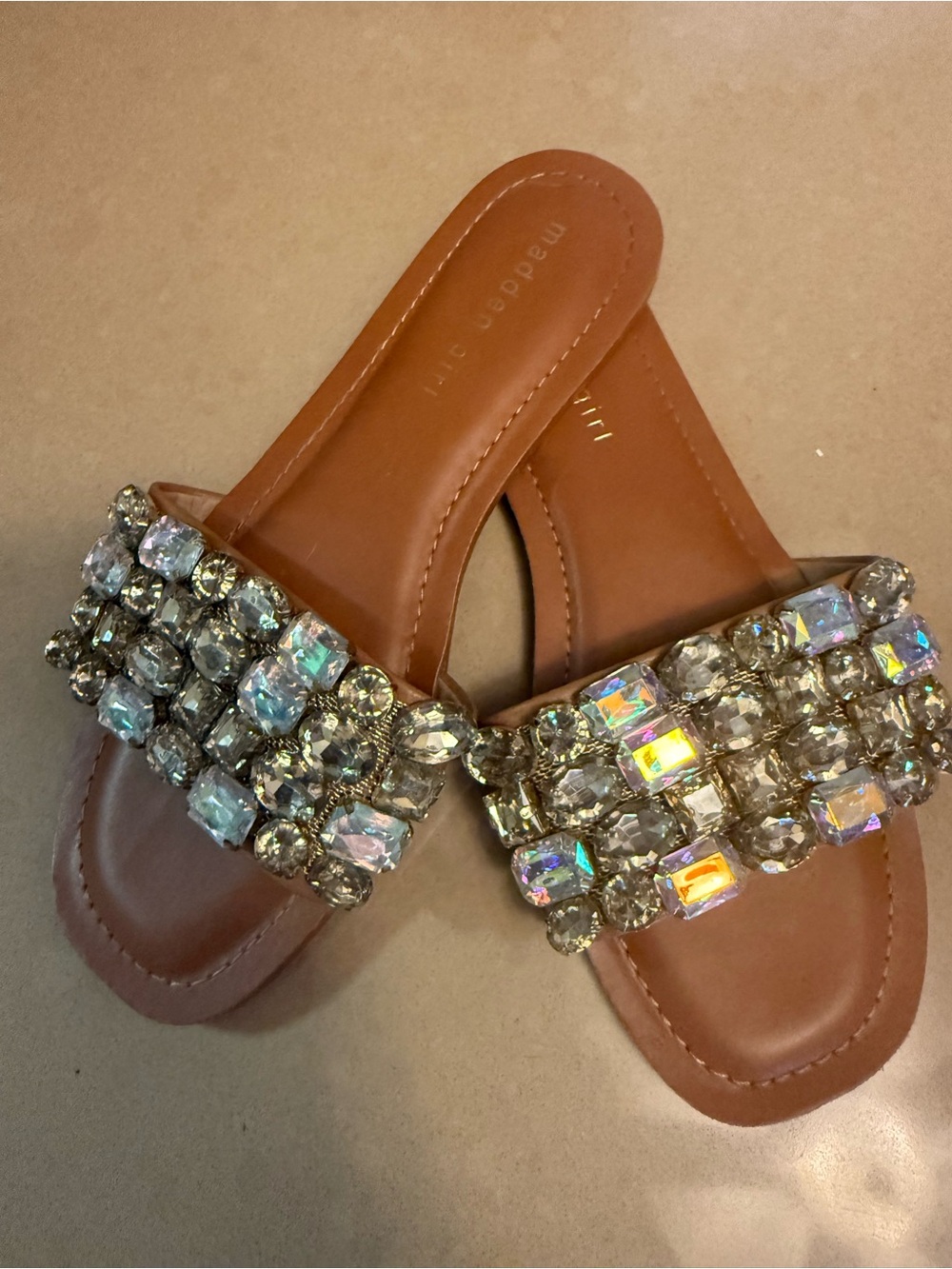Steve Madden Crystal-Embellished Tan Slide Sandals